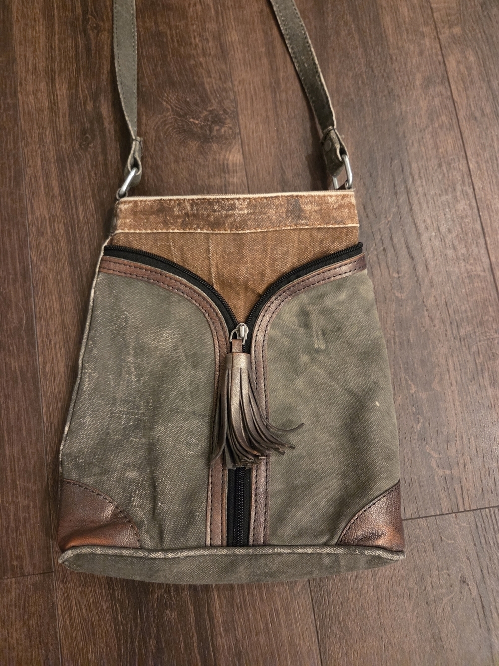 Mona B Olive Green Canvas Crossbody with Brown Leather Trim and Tassel
